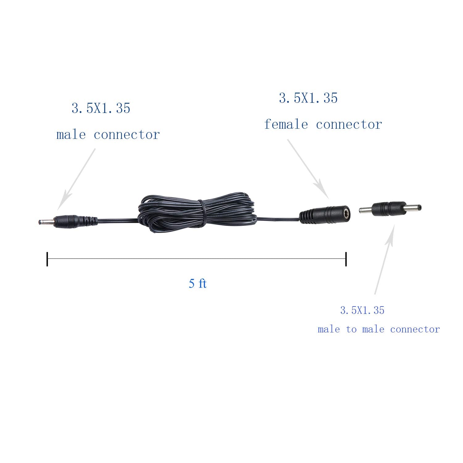 3.5X1.35 DC Connector for AIBOO Single White Kitchen Light Bar, 22AWG,Black Extension Cords,5ft.(3.5 X 1.35 mm Black Cords,4 Packs) - Image 2