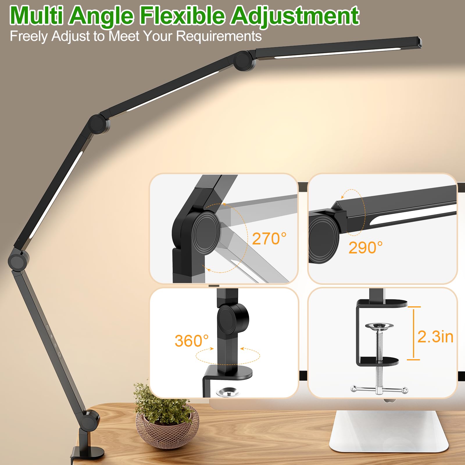 LED Desk Lamp,Foldable Table Lamp for Computer and Desktop,Flexible Clamp on Desk Lamps,Black Portable Desk Lamp for Home Office Reading,Working,Computer Desk,Study Lamp for Kids - Image 2