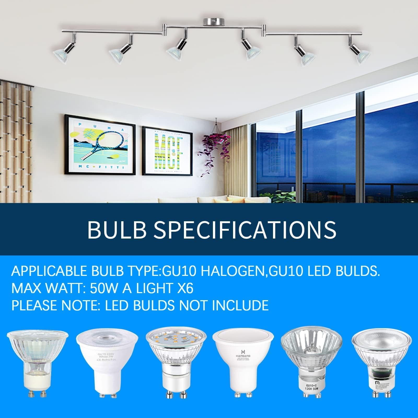 Kitchen Lights, 6-Light Ceiling Lighting Kits, Swivelling Ceiling Spotlight for Bedroom, Kitchen and Living Room(GU10 LED Bulbs not Included) (Brush Nickel) - Image 4