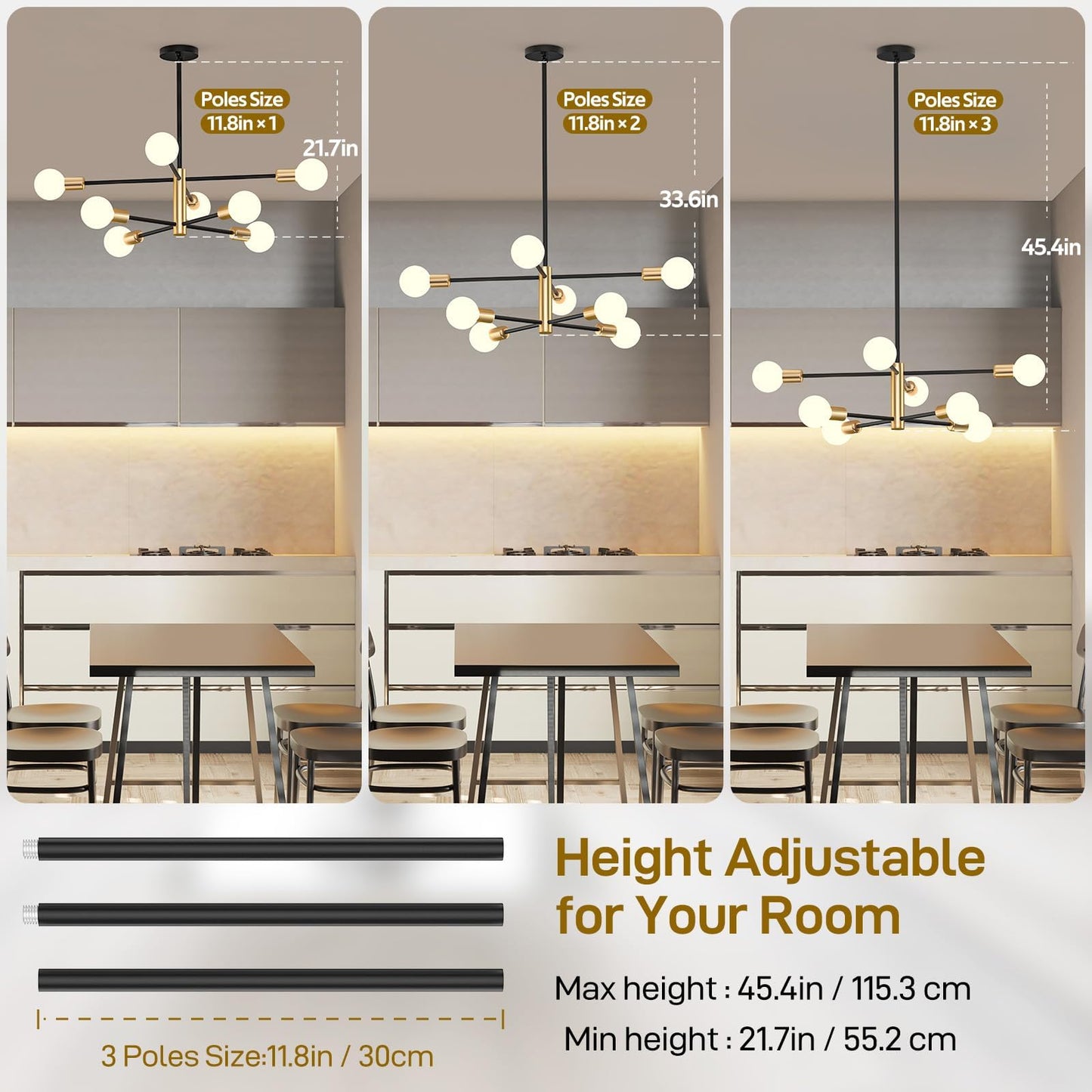 Modern Sputnik Chandelier 8 Lights Height Adjustable Ceiling Light Fixture Mid-Century Modern Gold Chandelier for Dining Room Bedroom Kitchen Living Room with Sloped Ceiling Adapter - Image 2