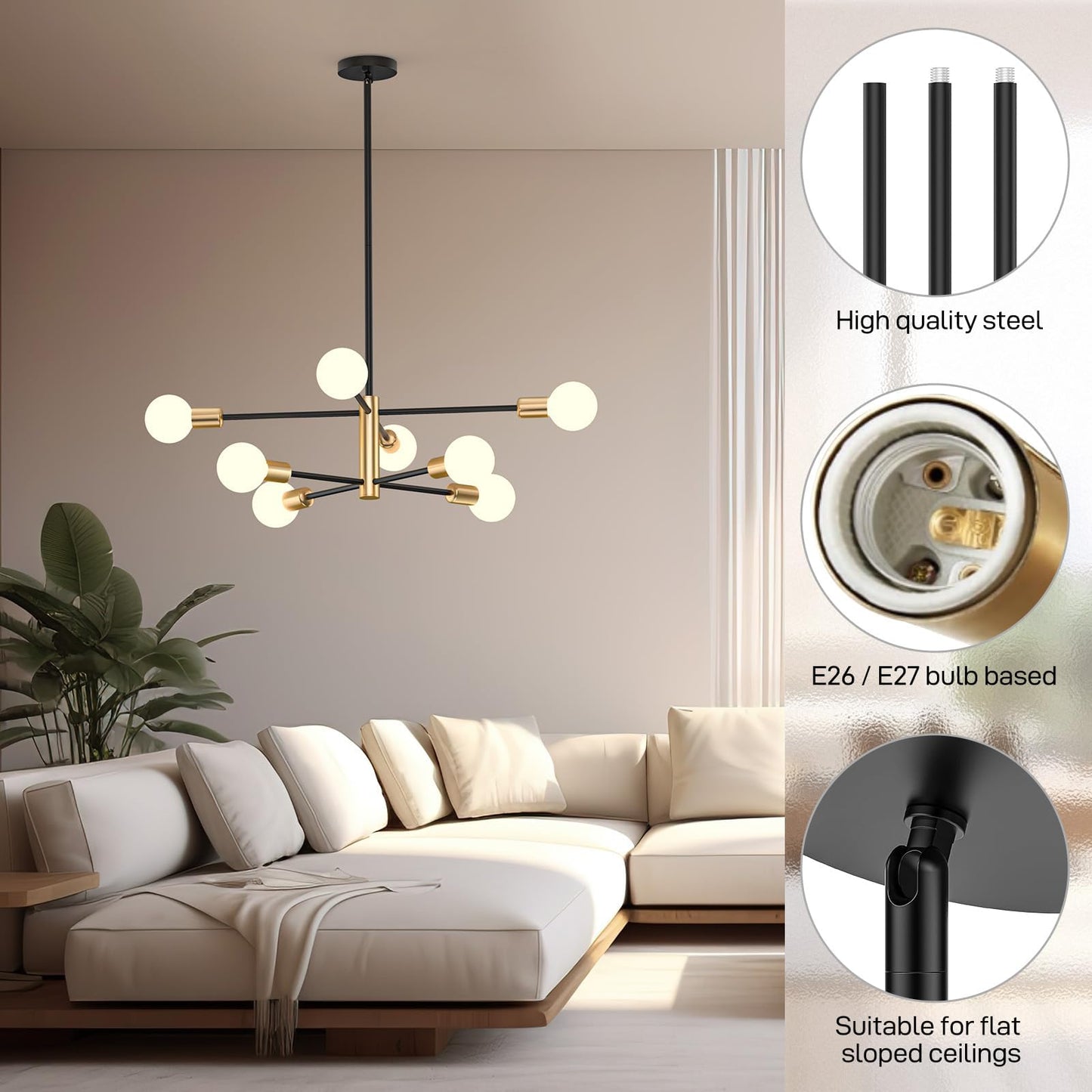 Modern Sputnik Chandelier 8 Lights Height Adjustable Ceiling Light Fixture Mid-Century Modern Gold Chandelier for Dining Room Bedroom Kitchen Living Room with Sloped Ceiling Adapter - Image 3