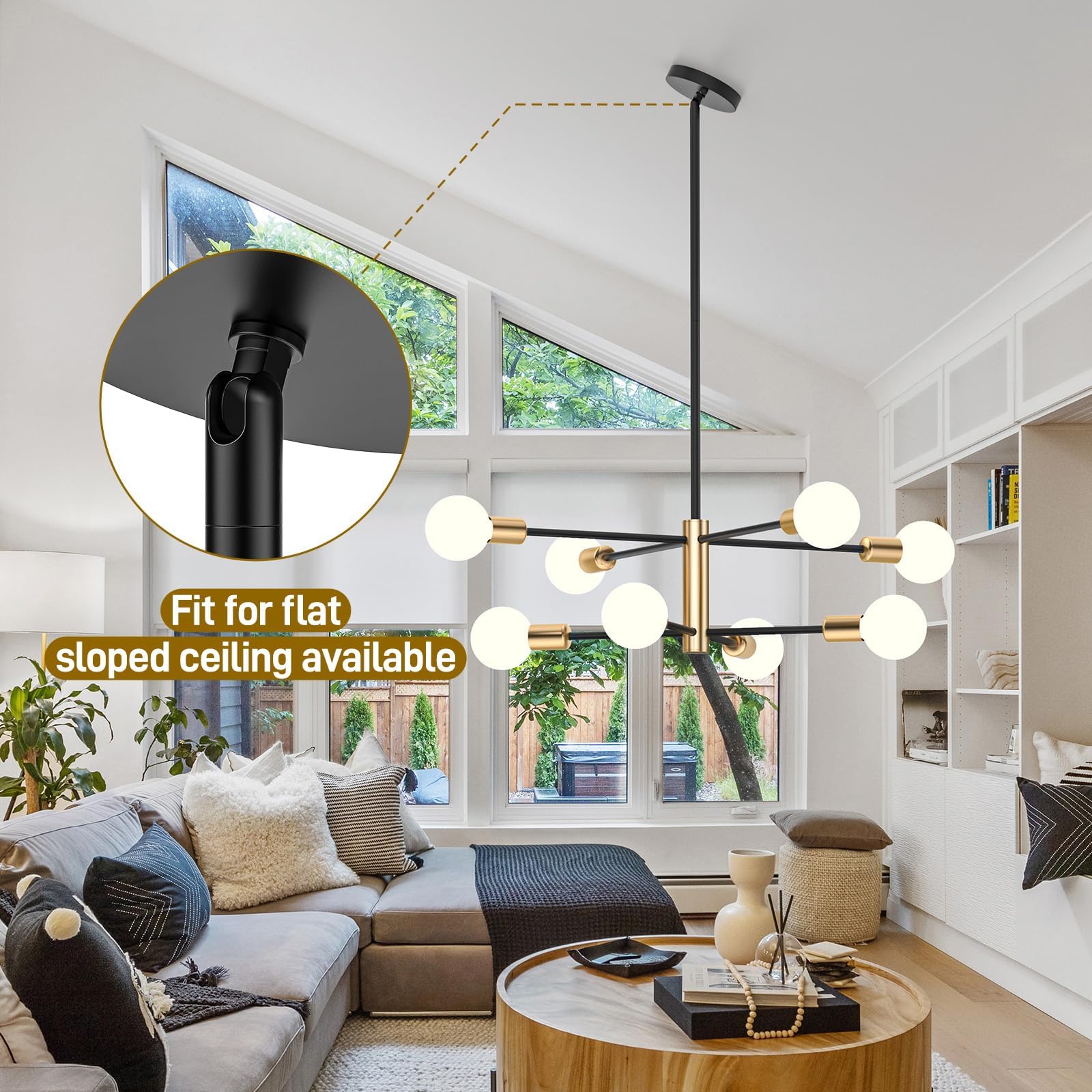 Modern Sputnik Chandelier 8 Lights Height Adjustable Ceiling Light Fixture Mid-Century Modern Gold Chandelier for Dining Room Bedroom Kitchen Living Room with Sloped Ceiling Adapter - Image 4