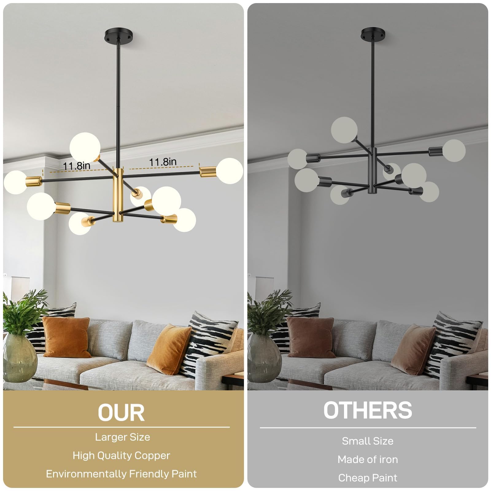 Modern Sputnik Chandelier 8 Lights Height Adjustable Ceiling Light Fixture Mid-Century Modern Gold Chandelier for Dining Room Bedroom Kitchen Living Room with Sloped Ceiling Adapter - Image 5