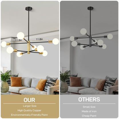 Modern Sputnik Chandelier 8 Lights Height Adjustable Ceiling Light Fixture Mid-Century Modern Gold Chandelier for Dining Room Bedroom Kitchen Living Room with Sloped Ceiling Adapter - Image 5