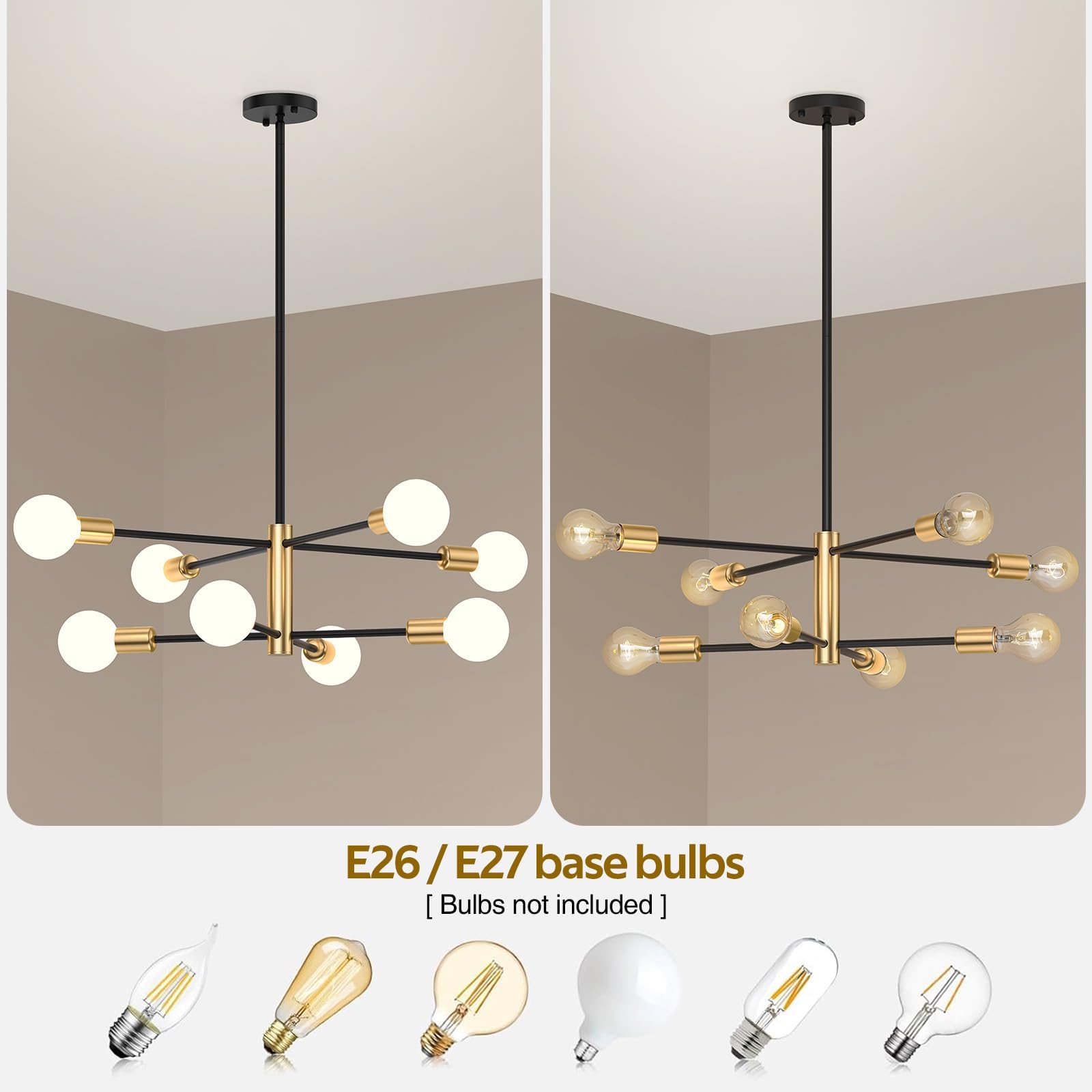 Modern Sputnik Chandelier 8 Lights Height Adjustable Ceiling Light Fixture Mid-Century Modern Gold Chandelier for Dining Room Bedroom Kitchen Living Room with Sloped Ceiling Adapter - Image 6