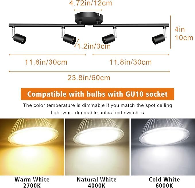 Kitchen Lights,Ceiling Lighting Kits, Swivelling Ceiling Spotlight for Bedroom, Kitchen and Living Room(GU10 LED Bulbs not Included) (4 Way Black) - Image 2