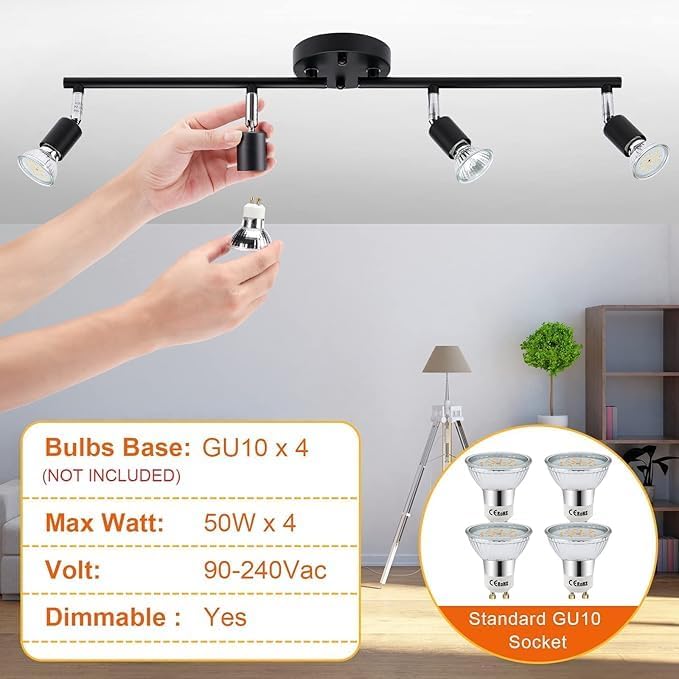 Kitchen Lights,Ceiling Lighting Kits, Swivelling Ceiling Spotlight for Bedroom, Kitchen and Living Room(GU10 LED Bulbs not Included) (4 Way Black) - Image 5