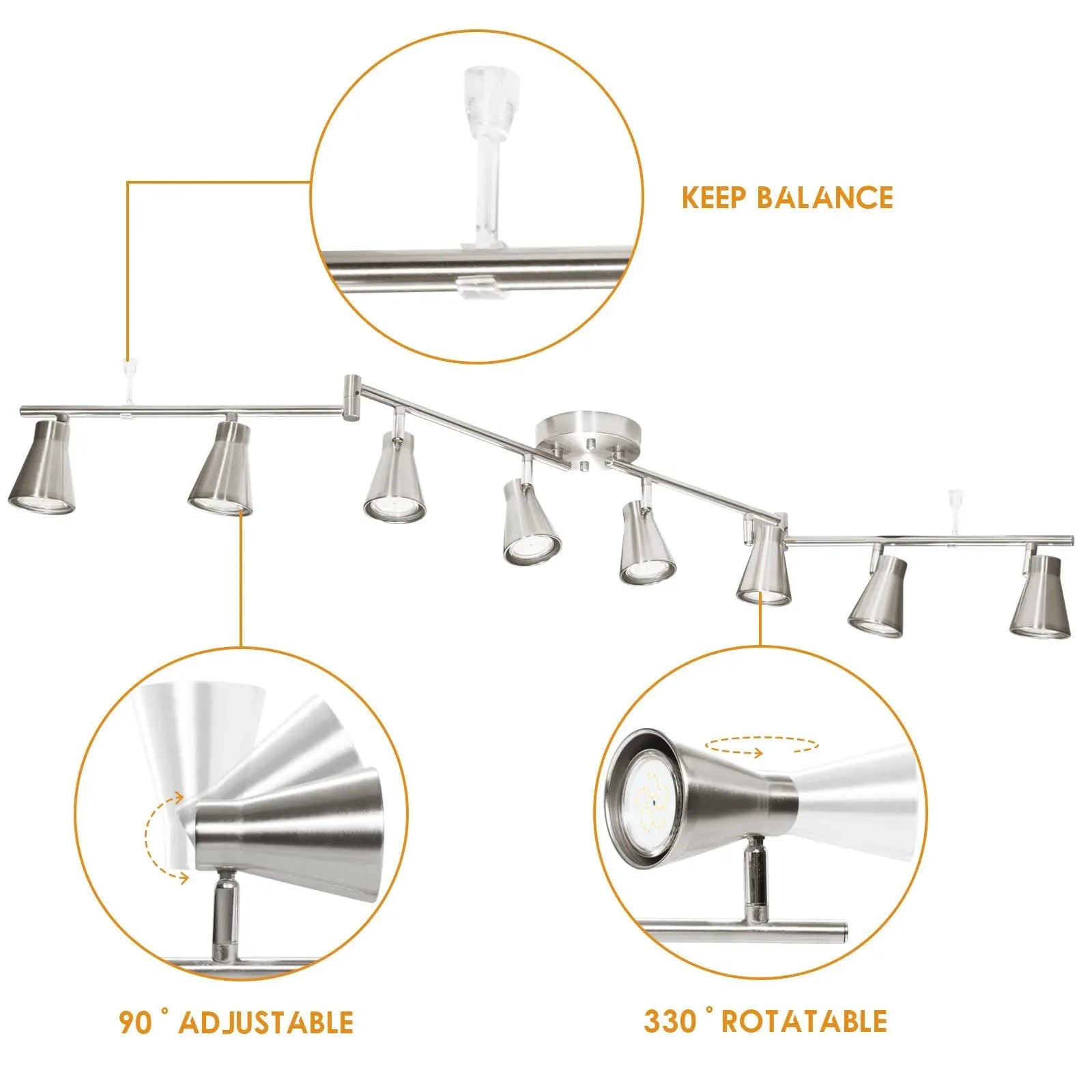 LED 8 Light Track Lighting Fixture Flexible, Adjustable Ceiling Spot Light with GU10 Track Light Head, Accent Lighting Foldable Swing Arm Brushed Nickel(Bulbs Not Included) - Image 4