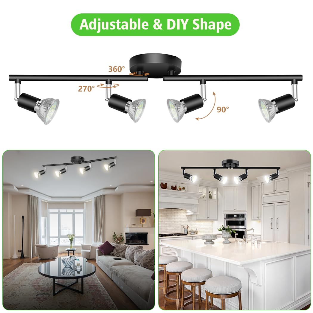LED Ceiling Light,4 Way Rotatable Spot Lights for Ceiling,Flexible Ceiling Lights for Bedroom,Living Room, Black with Protectiv Bulb Trims(Gu10 Bulbs Not Included) - Image 3
