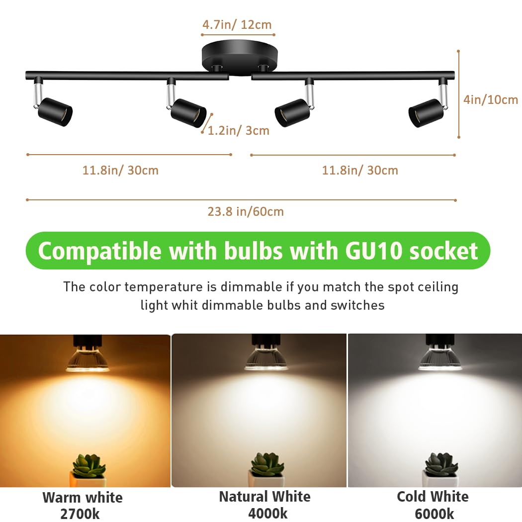 LED Ceiling Light,4 Way Rotatable Spot Lights for Ceiling,Flexible Ceiling Lights for Bedroom,Living Room, Black with Protectiv Bulb Trims(Gu10 Bulbs Not Included) - Image 4