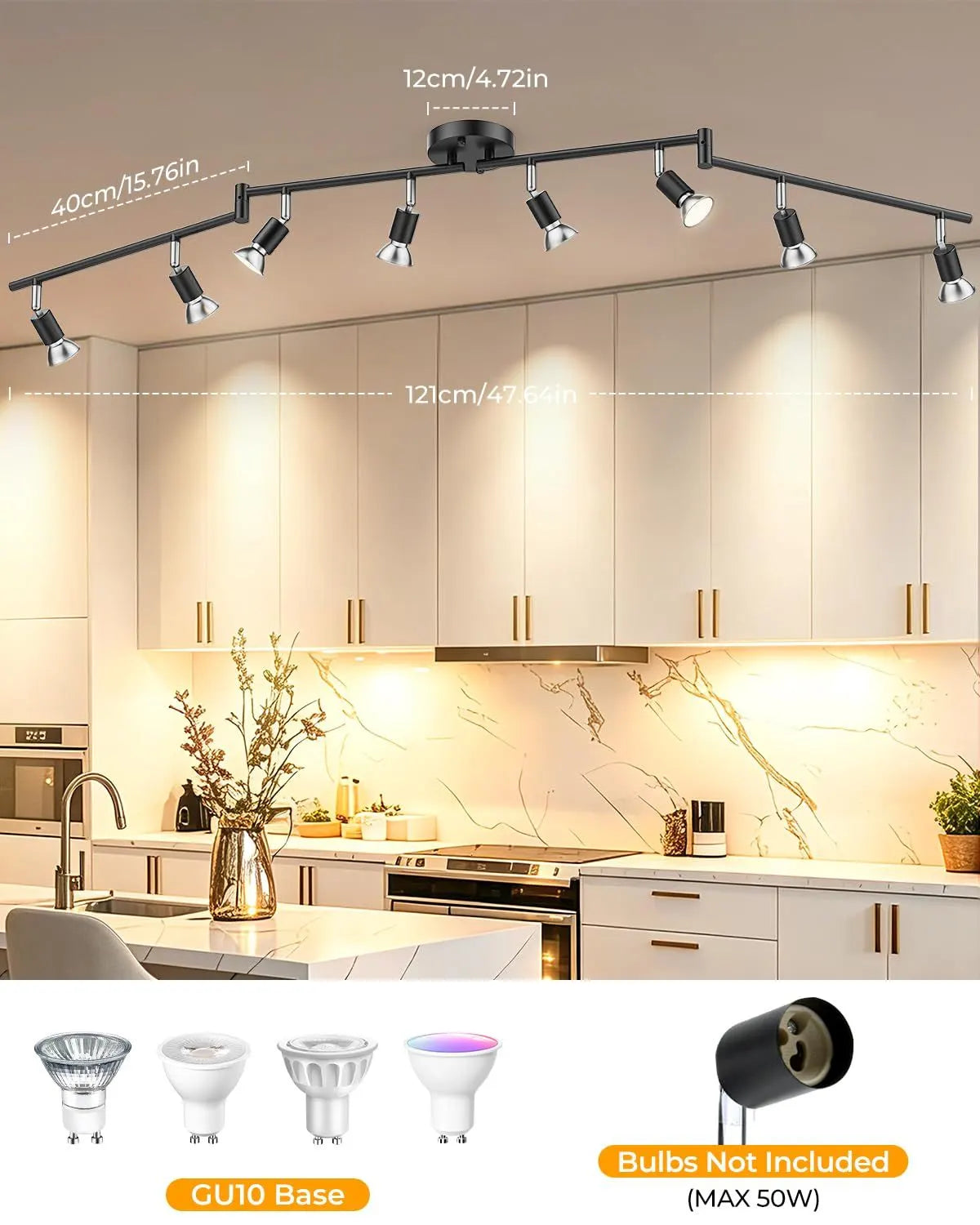 Black Track Lighting Fixture Ceiling, LED Flexible Track Lights with Swing Arm, 8-Light Directional Black Flush Mount Ceiling Spotlight for Kitchen, Living Room (GU10 Bulbs NOT Included) - Image 4
