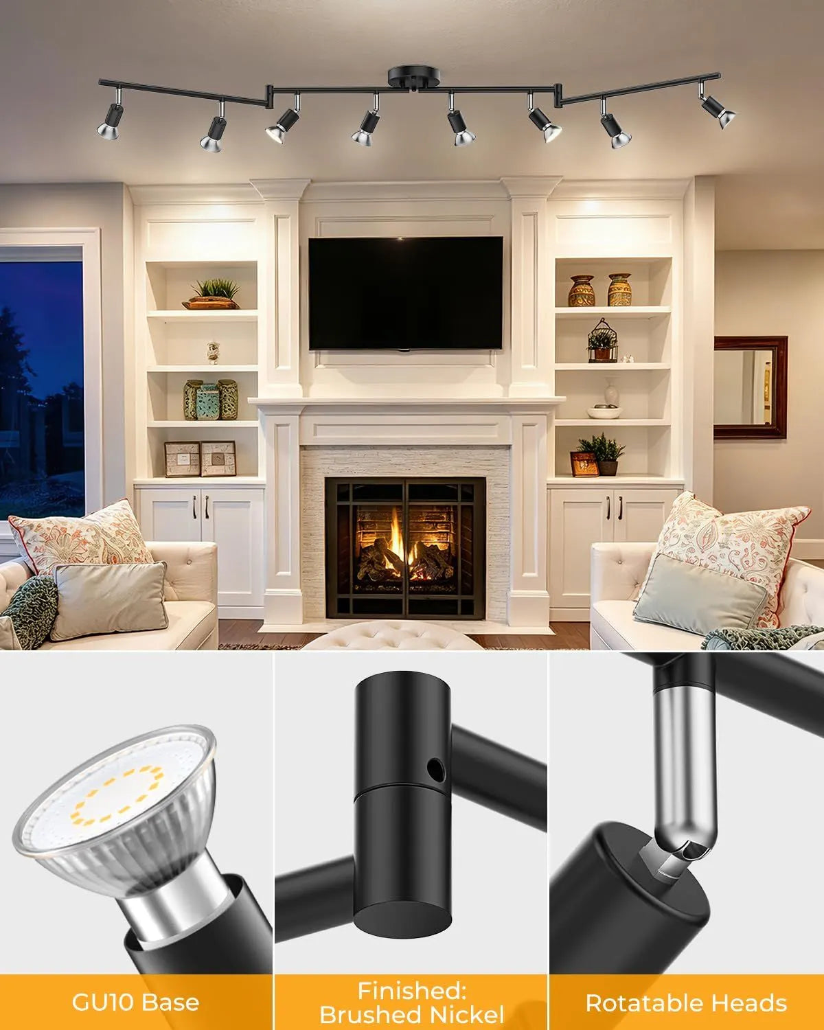 Black Track Lighting Fixture Ceiling, LED Flexible Track Lights with Swing Arm, 8-Light Directional Black Flush Mount Ceiling Spotlight for Kitchen, Living Room (GU10 Bulbs NOT Included) - Image 6