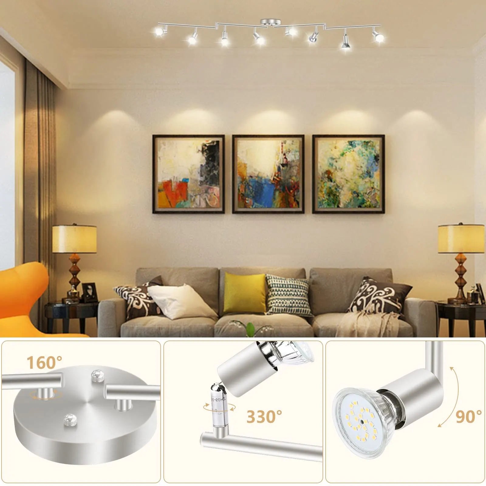 8 Lights LED Track Lighting Kit, Foldable Ceiling Spot Lighting with Flexibly Rotatable Head, Track Light for Kitchen Hallway Room Closet, GU10 Bulbs Not Included (Brush Nickel 8 Heads) - Image 2