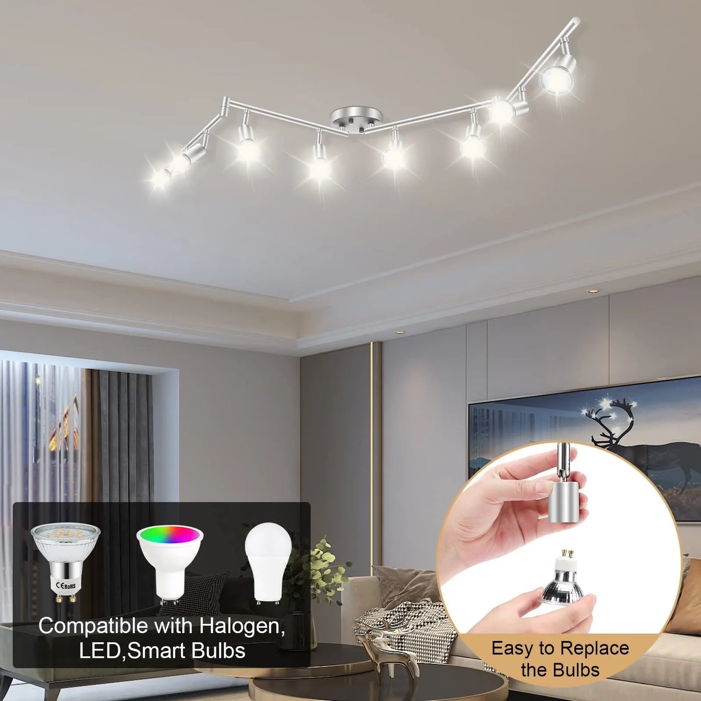 8 Lights LED Track Lighting Kit, Foldable Ceiling Spot Lighting with Flexibly Rotatable Head, Track Light for Kitchen Hallway Room Closet, GU10 Bulbs Not Included (Brush Nickel 8 Heads) - Image 6