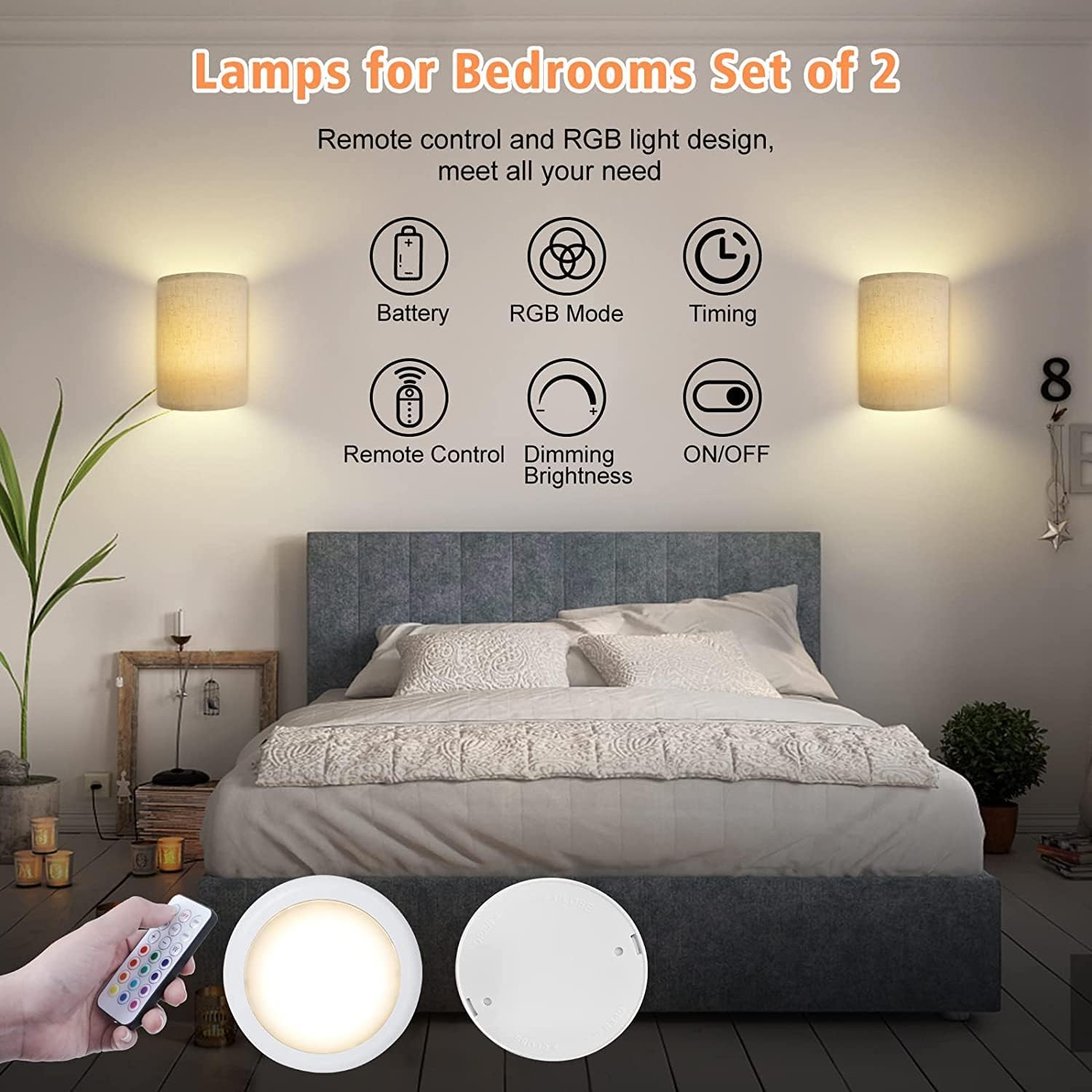 Battery Operated Wall Lights Indoor with Remote, Wireless LED Wall Lights with Fabric Shade, 12 Colors + Day White Changeable Dimmable Wall Lamp for Living Room Bedroom Hallway - Image 2