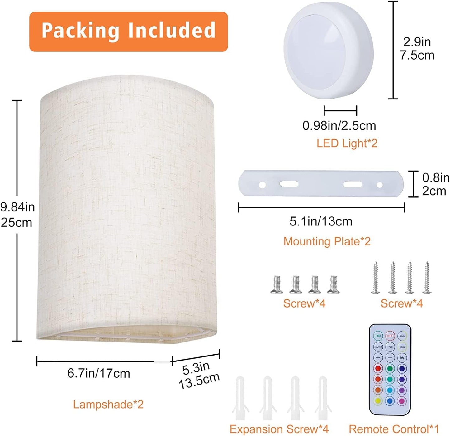 Battery Operated Wall Lights Indoor with Remote, Wireless LED Wall Lights with Fabric Shade, 12 Colors + Day White Changeable Dimmable Wall Lamp for Living Room Bedroom Hallway - Image 6