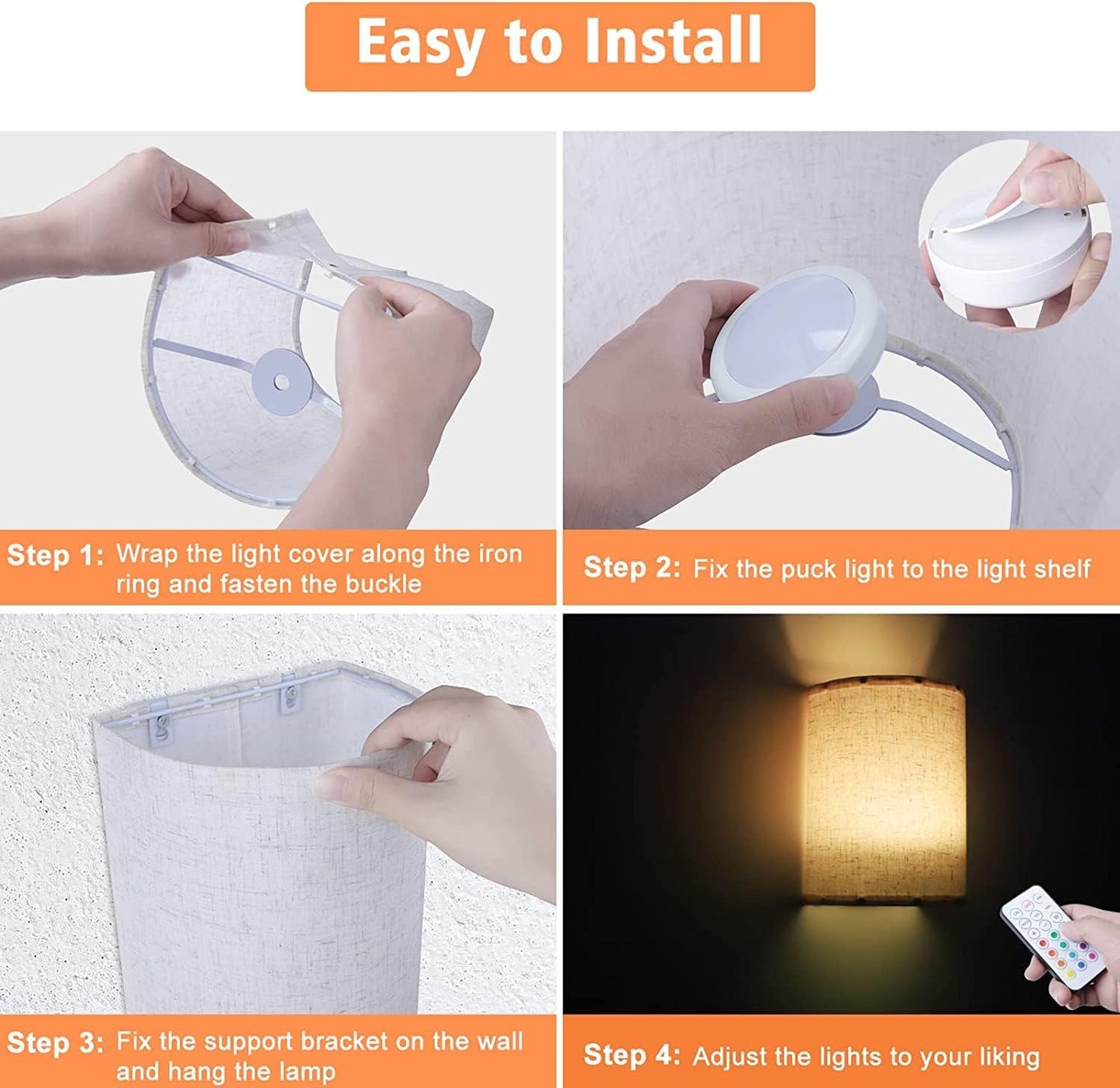 Battery Operated Wall Lights Indoor with Remote, Wireless LED Wall Lights with Fabric Shade, 12 Colors + Day White Changeable Dimmable Wall Lamp for Living Room Bedroom Hallway - Image 8
