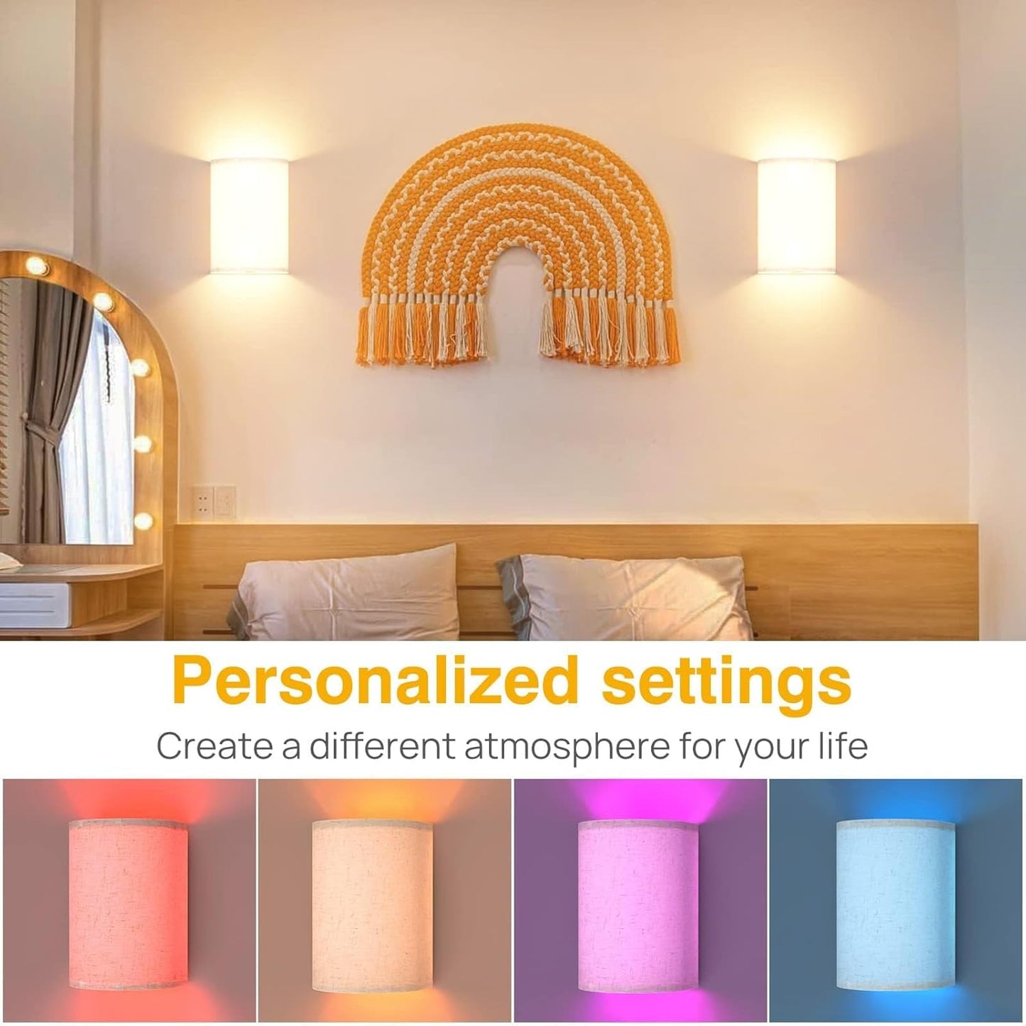 Wall Lights Set of 2, Battery Operated Fabric Sconce with Remote, LED Lamps in RGB+Warm White, Dimmable Timer for Bedroom and Living Room Lighting - Image 2