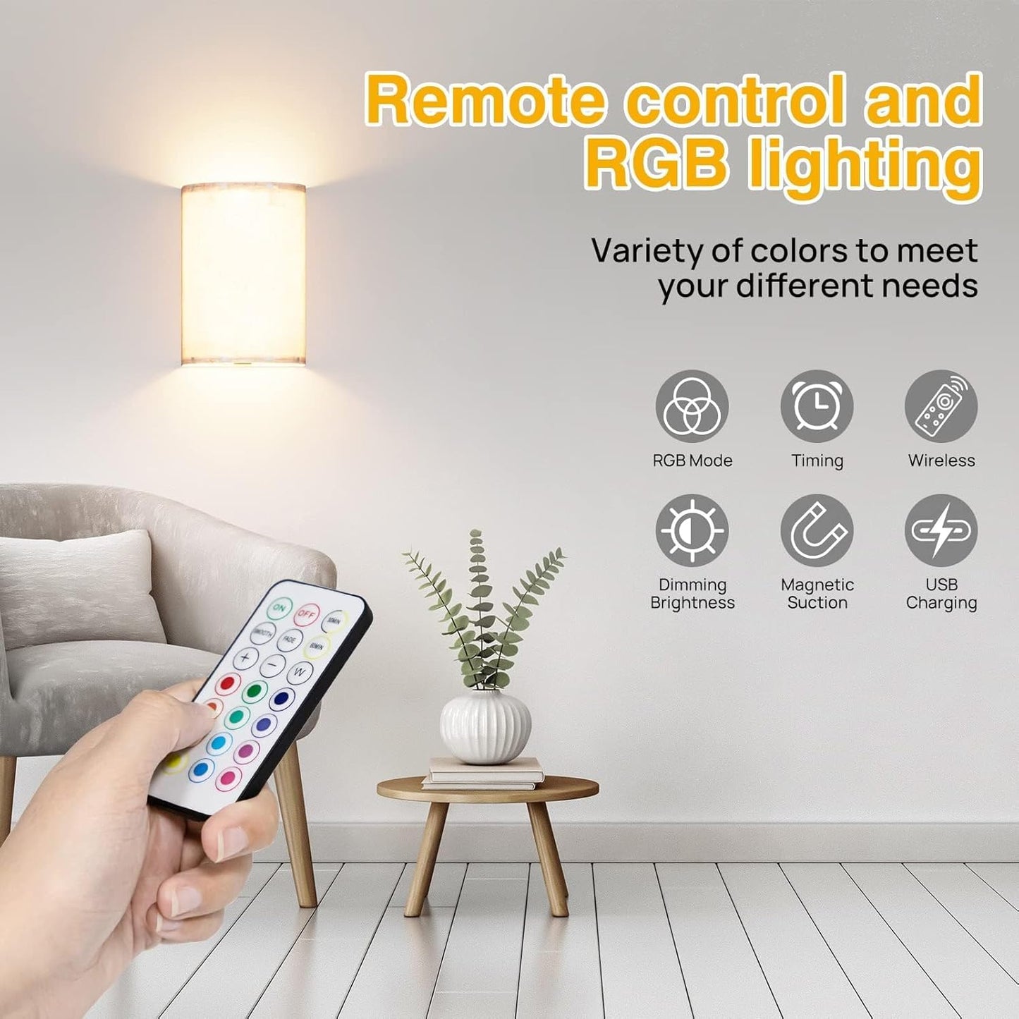 Wall Lights Set of 2, Battery Operated Fabric Sconce with Remote, LED Lamps in RGB+Warm White, Dimmable Timer for Bedroom and Living Room Lighting - Image 7