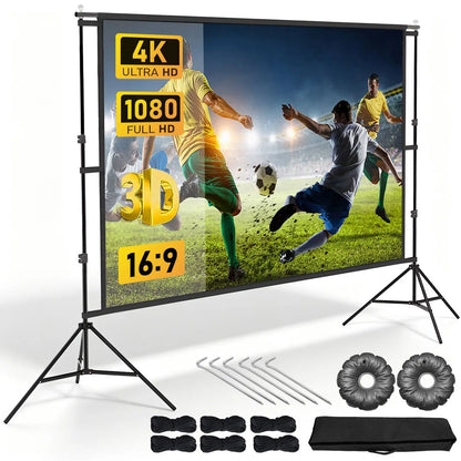 120 Inch Projector Screen with Stand & Carry Bag, 16:9 Foldable Movie Screen, 4K HD Compatible, Indoor & Outdoor Home Theatre