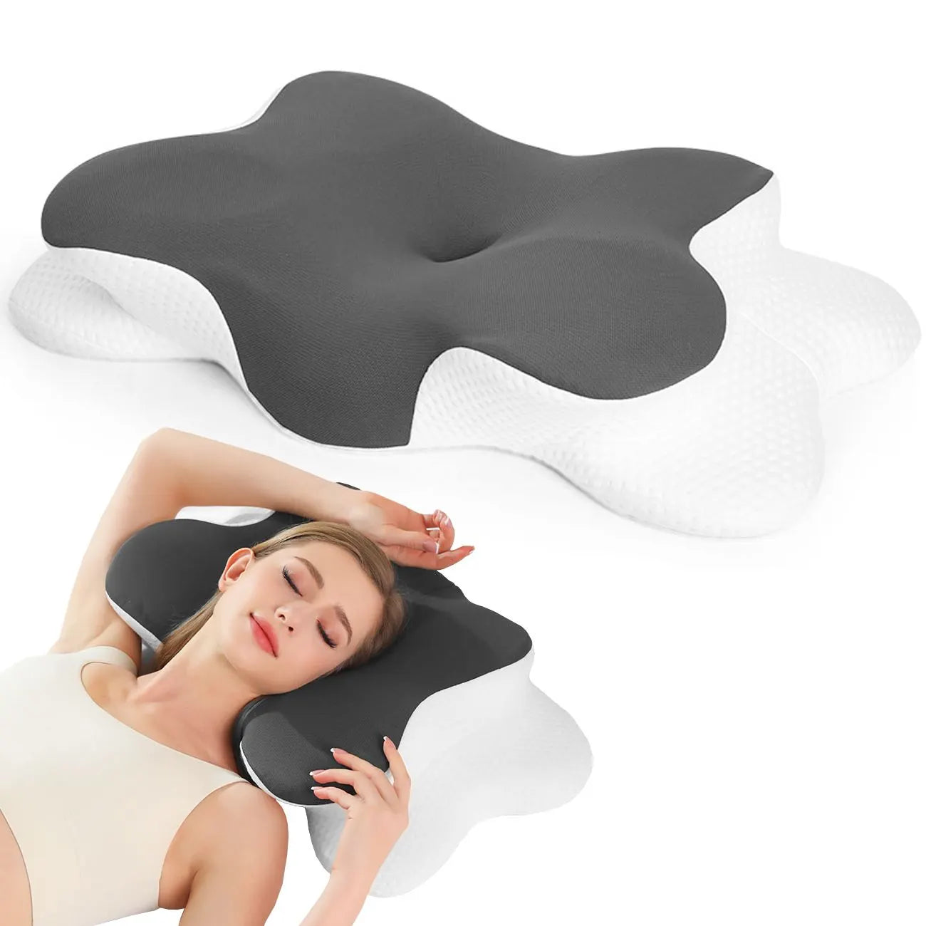 Cervical Pillow with Memory Foam, Ergonomic Contour Neck Support, 2-in-1 Dual Height, Pressure Relief, Grey