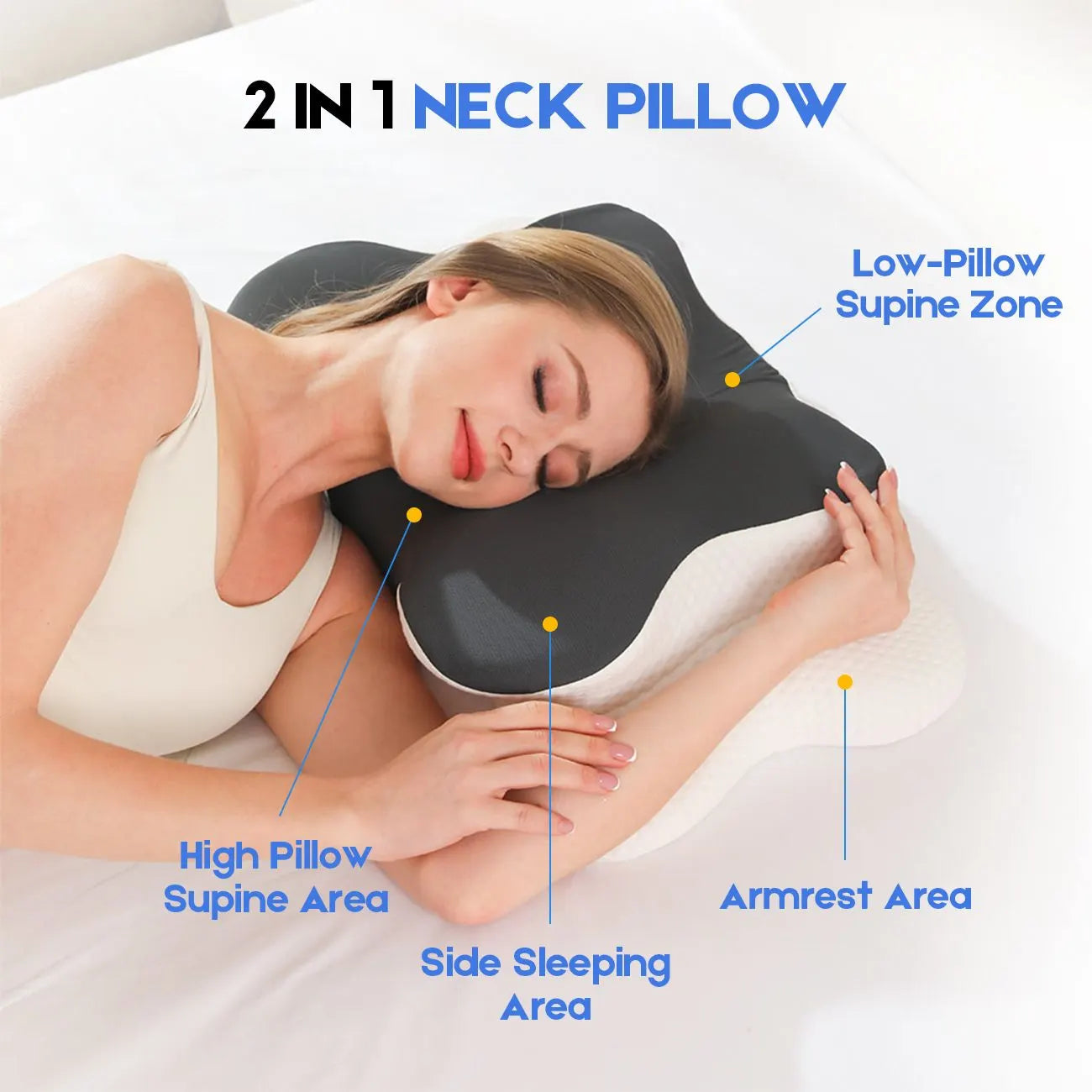 Cervical Pillow with Memory Foam, Ergonomic Contour Neck Support, 2-in-1 Dual Height, Pressure Relief, Grey - Image 2