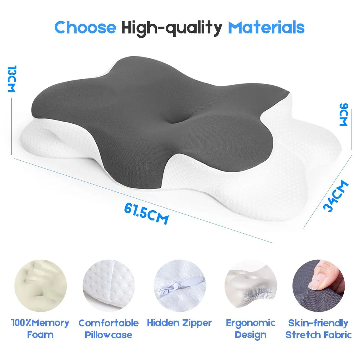Cervical Pillow with Memory Foam, Ergonomic Contour Neck Support, 2-in-1 Dual Height, Pressure Relief, Grey - Image 3