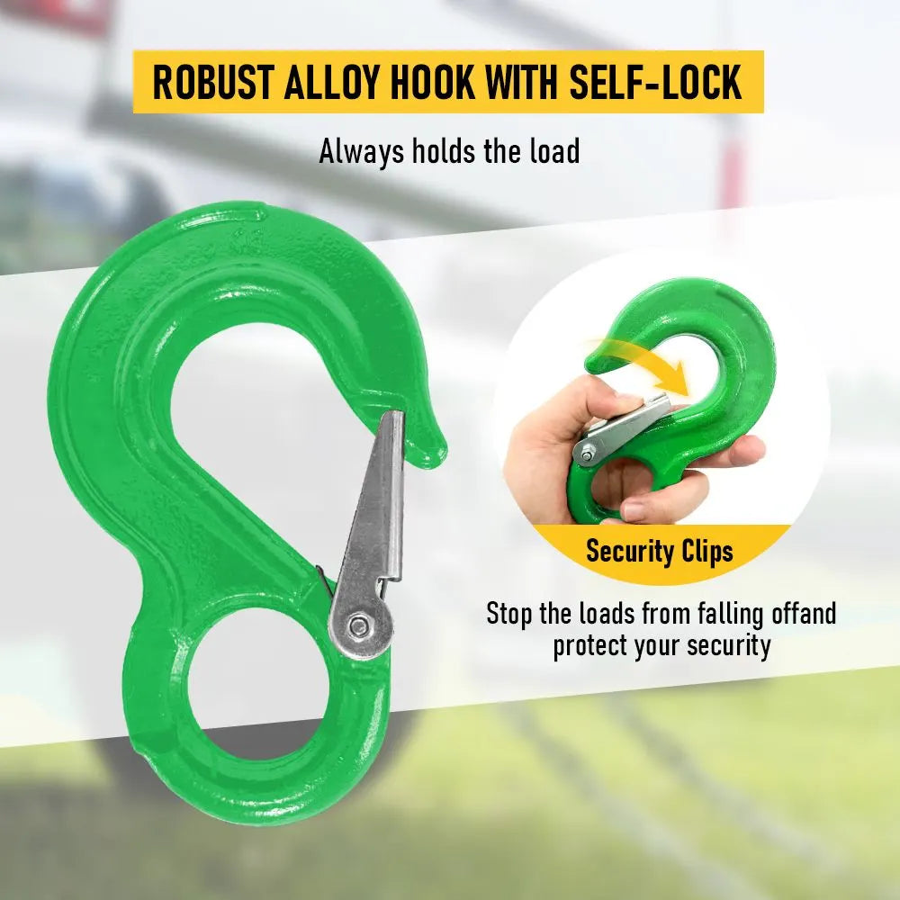 2SETS 2T Sling Hook With Hammerlock Heavy Duty Safety Latch Swivel Winch Hook For Trailer Safety Chain-Green - Image 6