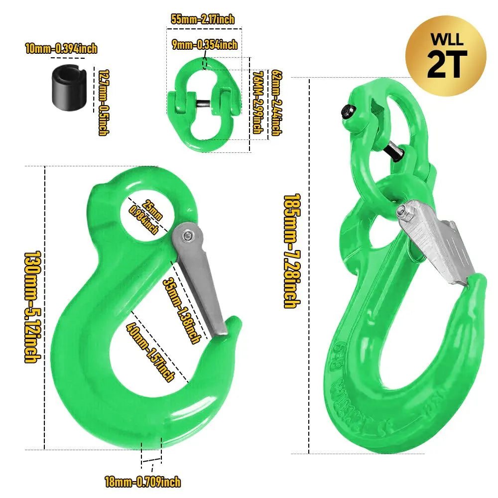 2SETS 2T Sling Hook With Hammerlock Heavy Duty Safety Latch Swivel Winch Hook For Trailer Safety Chain-Green - Image 8