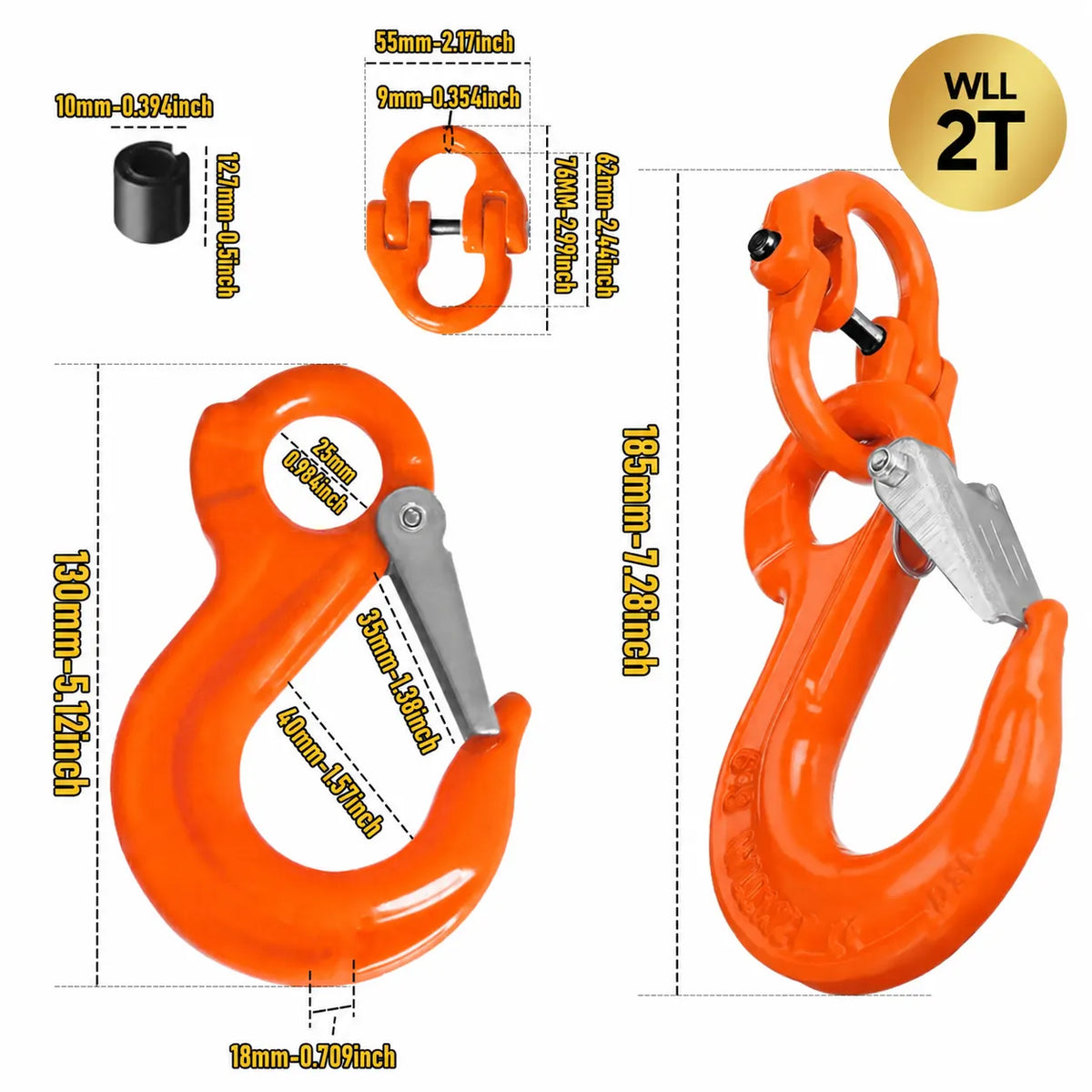 2T Sling Hook & Hammerlock Kit, 2 Sets Heavy Duty Trailer Safety Chain Hooks for Caravan, Camper & Boat Trailers-Orange - Image 8