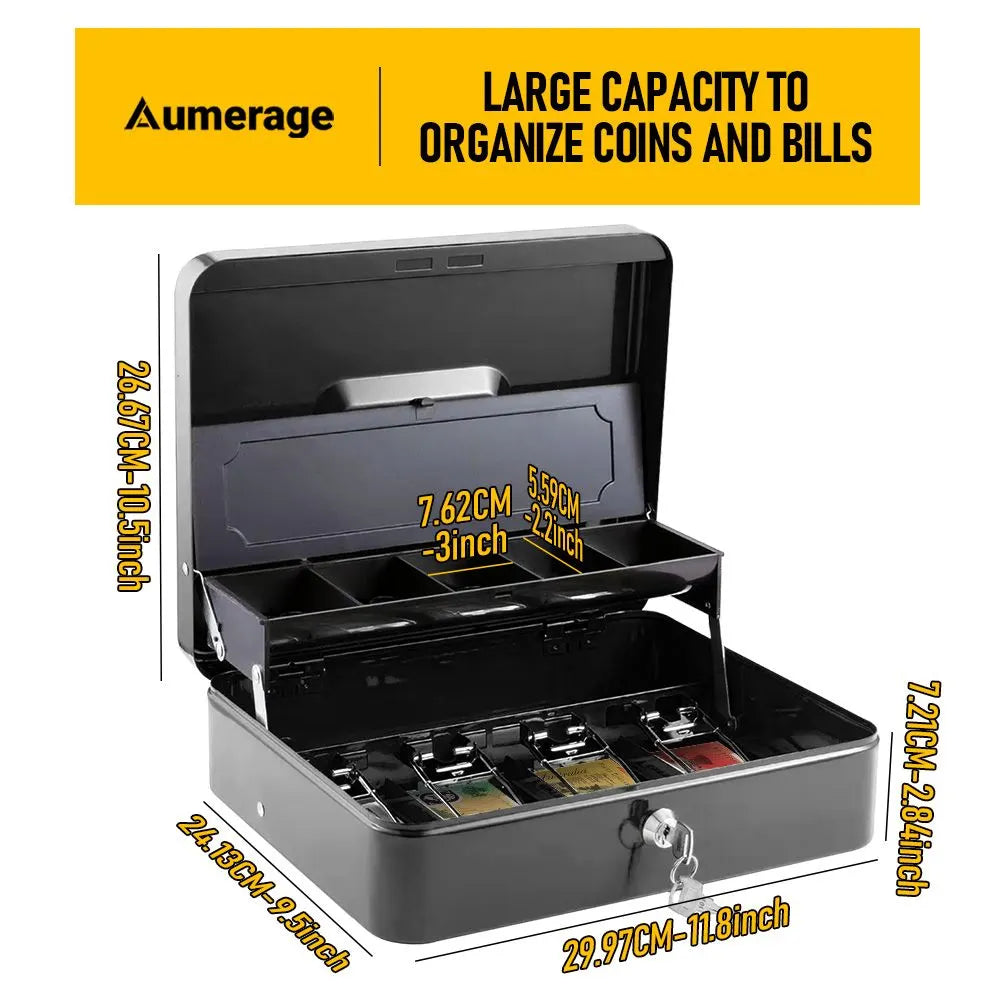 Lockable Cash Box with Coin Tray – Durable Metal Money Box with Key Lock for Bills & Change – Black - Image 9