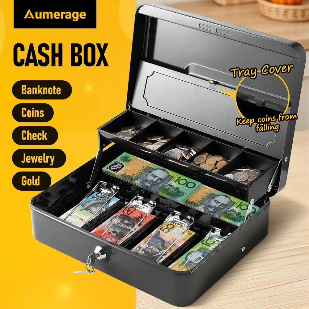 Lockable Cash Box with Coin Tray – Durable Metal Money Box with Key Lock for Bills & Change – White - Image 2