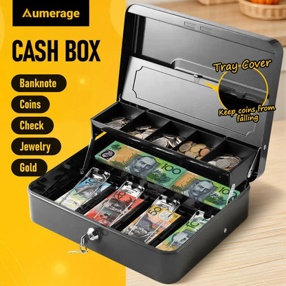 Lockable Cash Box with Coin Tray – Durable Metal Money Box with Key Lock for Bills & Change – White - Image 2