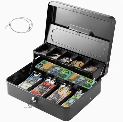 Portable Heavy-Duty Metal Cash Box with Key Lock & Security Cable Lock Suitable for Small Business