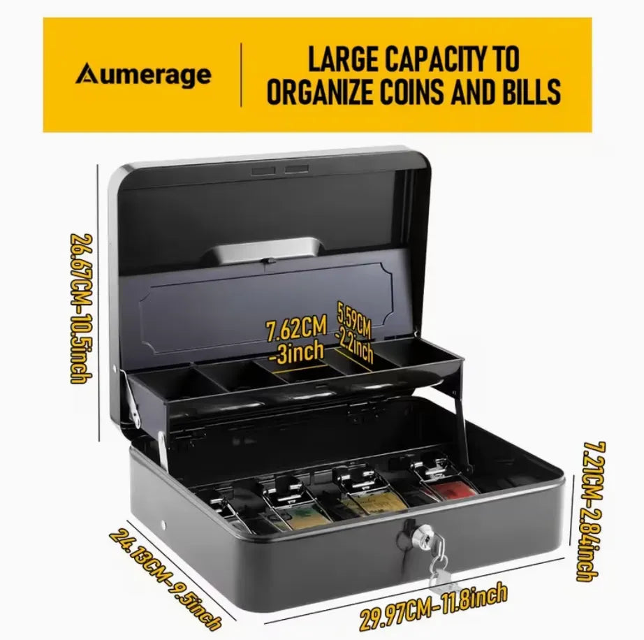 Portable Heavy-Duty Metal Cash Box with Key Lock & Security Cable Lock Suitable for Small Business - Image 2