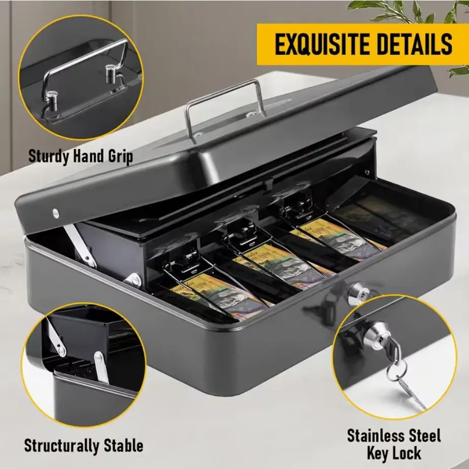 Portable Heavy-Duty Metal Cash Box with Key Lock & Security Cable Lock Suitable for Small Business - Image 3