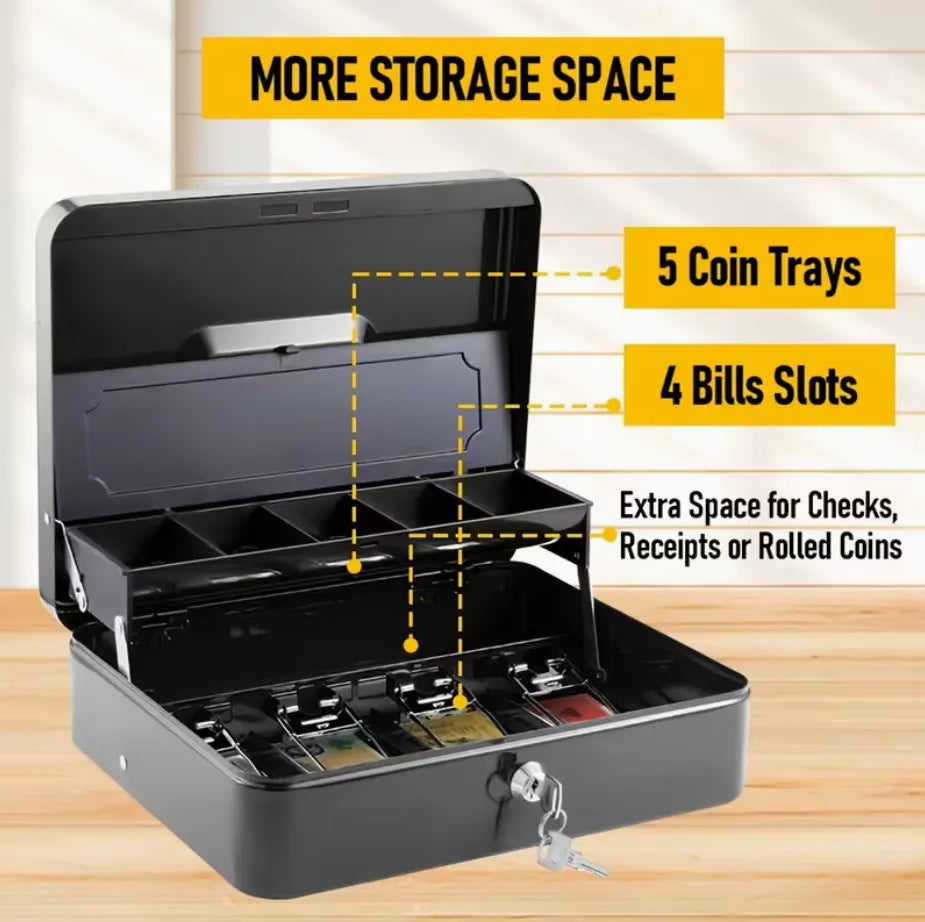 Portable Heavy-Duty Metal Cash Box with Key Lock & Security Cable Lock Suitable for Small Business - Image 5
