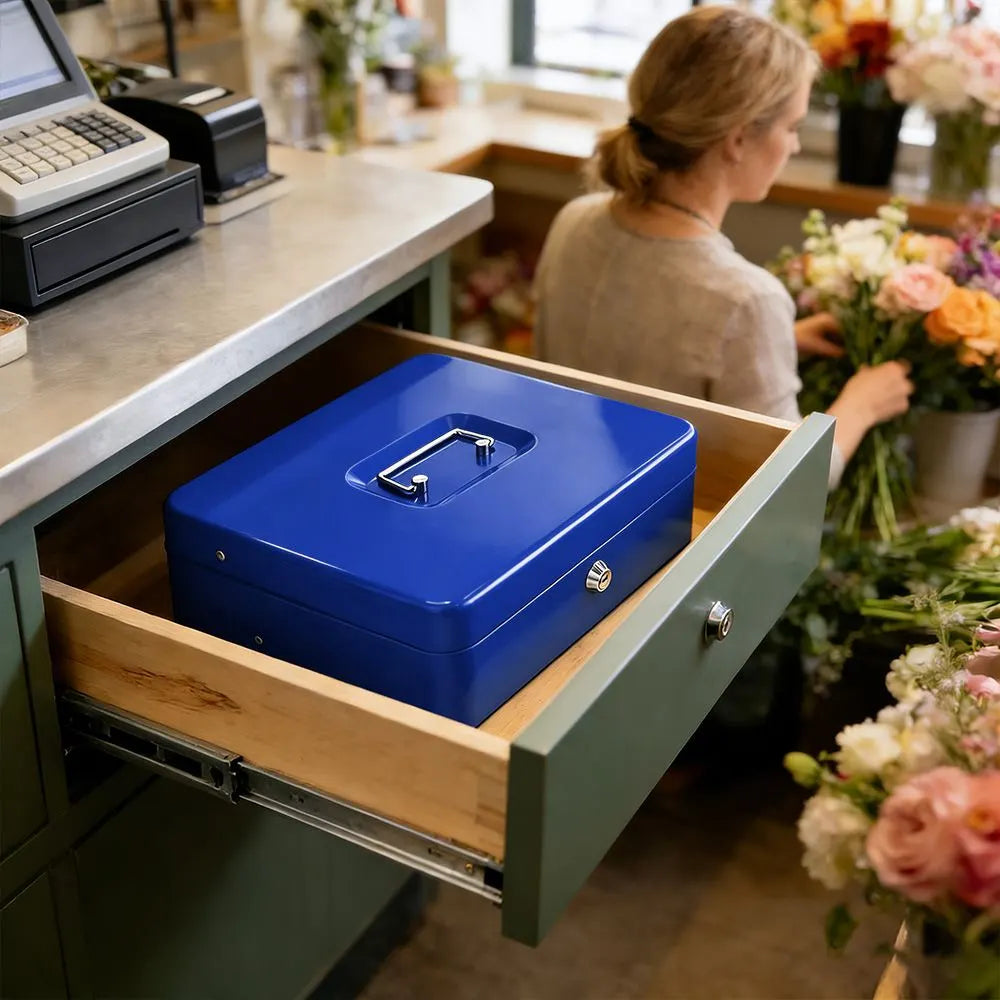 Cash Box With Security Locker And Security Cable, Money Box/Cash Tin With Money Tray For Saving Organizer-Blue - Image 2