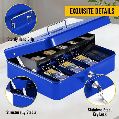 Cash Box With Security Locker And Security Cable, Money Box/Cash Tin With Money Tray For Saving Organizer-Blue - Image 3