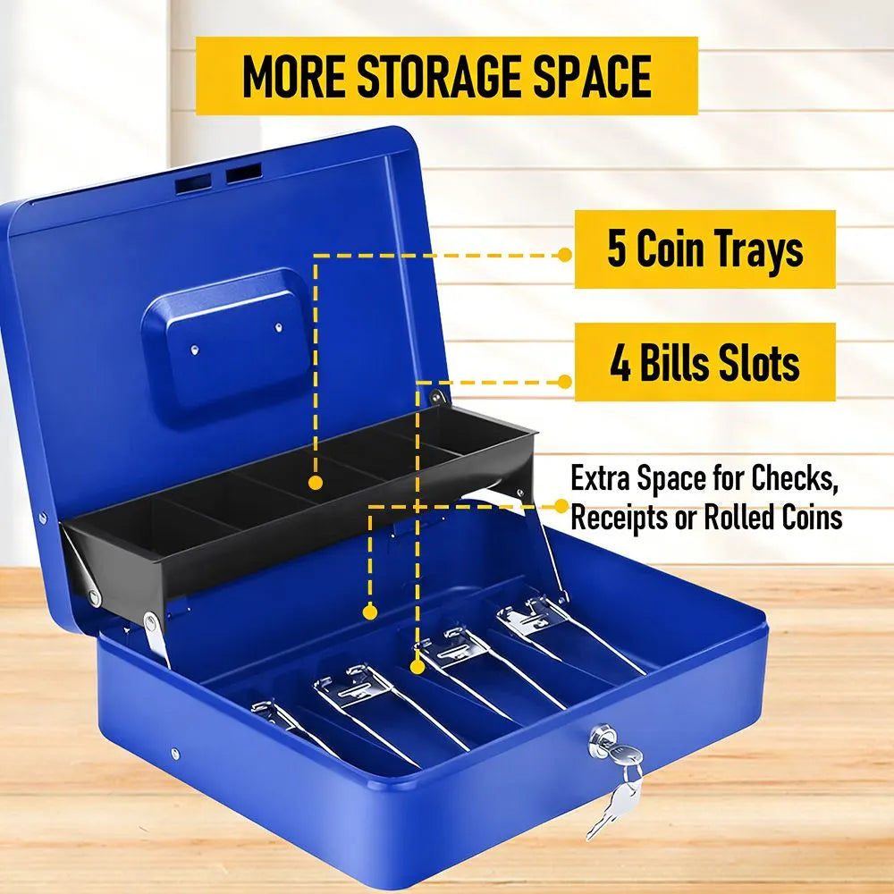 Cash Box With Security Locker And Security Cable, Money Box/Cash Tin With Money Tray For Saving Organizer-Blue - Image 4
