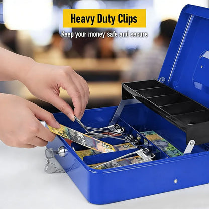 Cash Box With Security Locker And Security Cable, Money Box/Cash Tin With Money Tray For Saving Organizer-Blue - Image 5