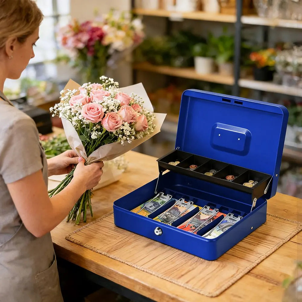 Cash Box With Security Locker And Security Cable, Money Box/Cash Tin With Money Tray For Saving Organizer-Blue - Image 6