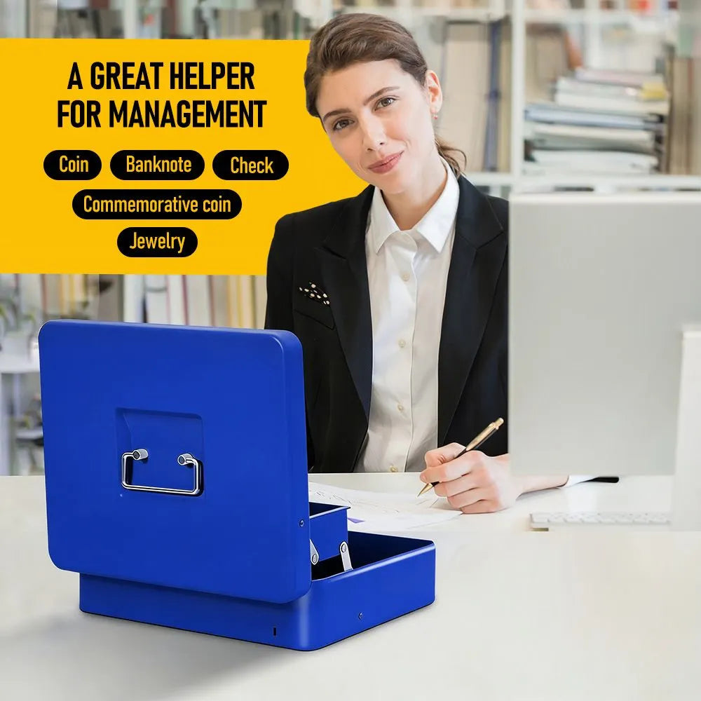 Cash Box With Security Locker And Security Cable, Money Box/Cash Tin With Money Tray For Saving Organizer-Blue - Image 7