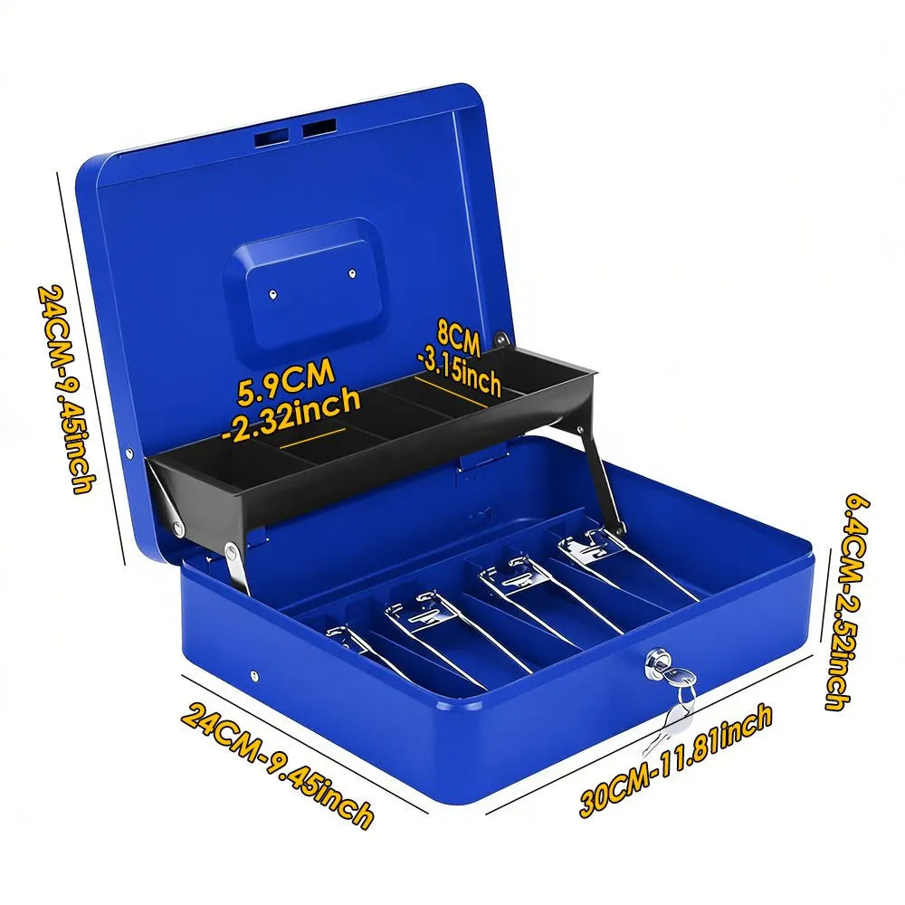 Cash Box With Security Locker And Security Cable, Money Box/Cash Tin With Money Tray For Saving Organizer-Blue - Image 8