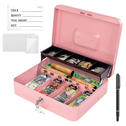 Cash Box With Security Locker And Security Cable, Money Box/Cash Tin With Money Tray For Saving Organizer-Pink