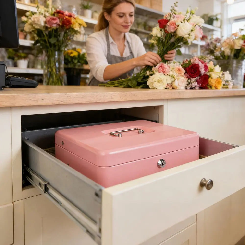 Cash Box With Security Locker And Security Cable, Money Box/Cash Tin With Money Tray For Saving Organizer-Pink - Image 2