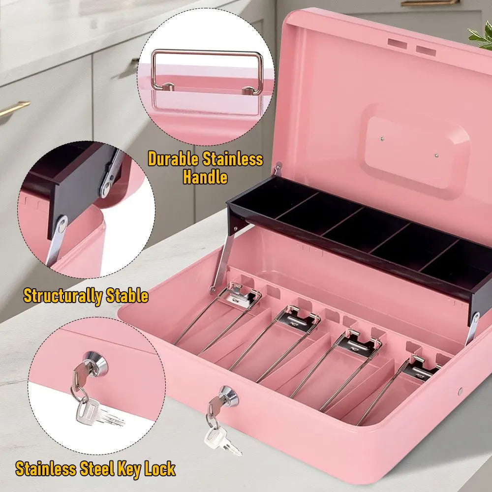 Cash Box With Security Locker And Security Cable, Money Box/Cash Tin With Money Tray For Saving Organizer-Pink - Image 3