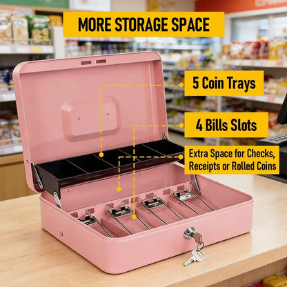Cash Box With Security Locker And Security Cable, Money Box/Cash Tin With Money Tray For Saving Organizer-Pink - Image 4