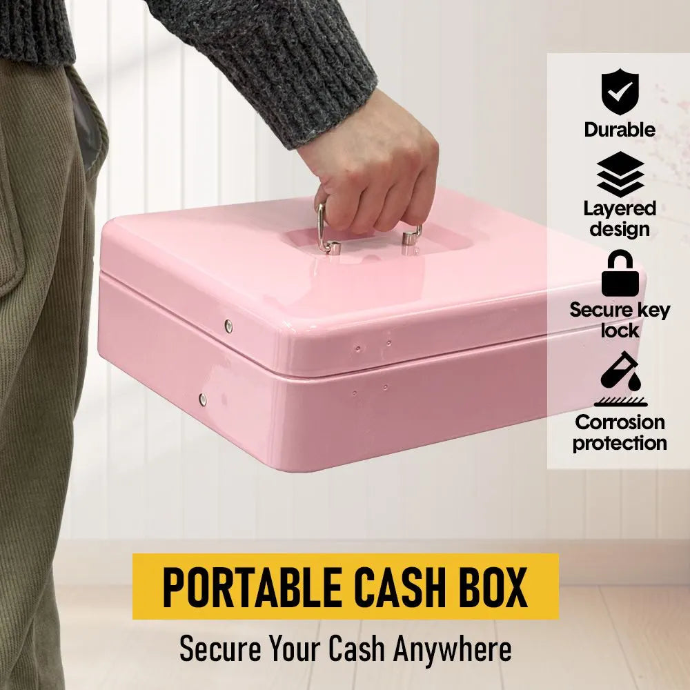 Cash Box With Security Locker And Security Cable, Money Box/Cash Tin With Money Tray For Saving Organizer-Pink - Image 6