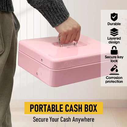 Cash Box With Security Locker And Security Cable, Money Box/Cash Tin With Money Tray For Saving Organizer-Pink - Image 6